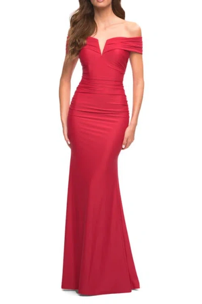 La Femme Ruched Off The Shoulder Gown With V Neckline In Red
