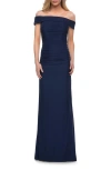 La Femme Ruched Off The Shoulder Net Jersey Evening Dress In Navy