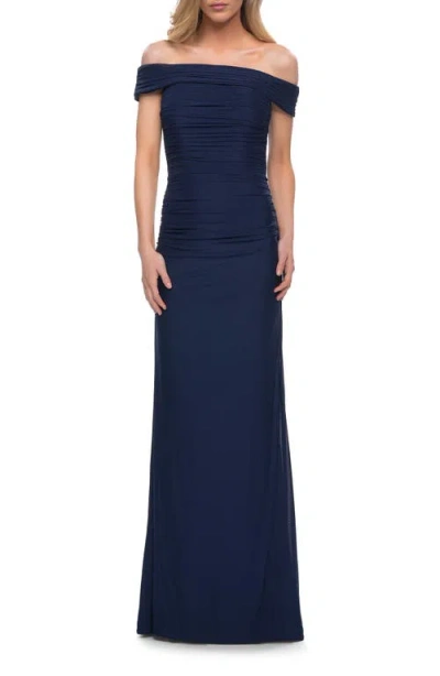 La Femme Ruched Off The Shoulder Net Jersey Evening Dress In Navy