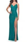 La Femme Ruched Sequin Dress With Open Tie Back In Peacock