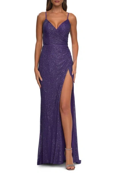 La Femme Ruched Sequin Dress With Open Tie Back In Purple