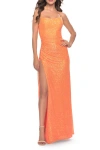 La Femme Ruched Sequin Prom Dress With High Side Slit