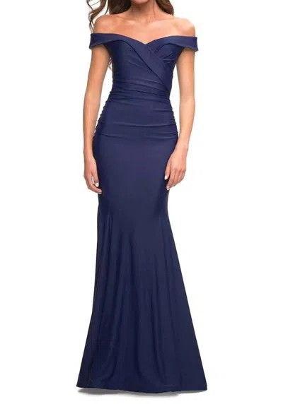 La Femme Ruched V-neck Mermaid Gown In Navy In Blue