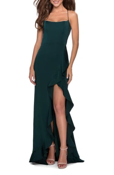 La Femme Ruffle Prom Dress With Scoop Neck And Lace Up Back In Green