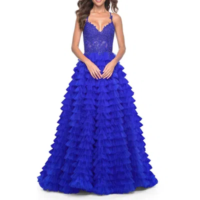 La Femme Ruffle Tulle Gown With Illusion Lace Bodice In Blue