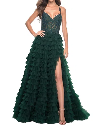 La Femme Ruffle Tulle Tiered Skirt Prom Dress In Dark Emerald In Green