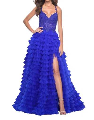 La Femme Ruffle Tulle Tiered Skirt Prom Dress In Royal Blue