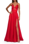 La Femme Satin A-line Gown With Cut Out And Twist Bodice In Hot Coral