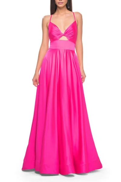 La Femme Satin A-line Gown With Cut Out And Twist Bodice In Neon Pink