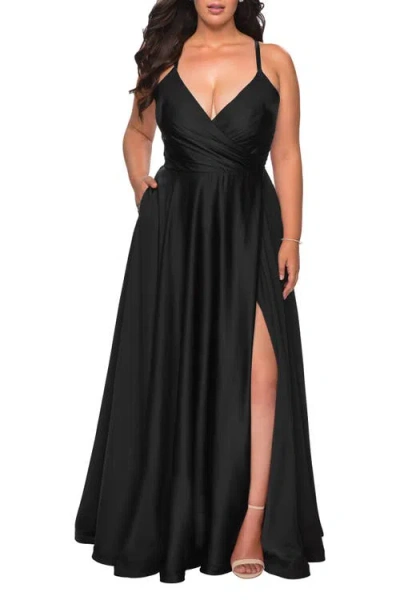 La Femme Satin A-line Plus Dress With Lace Up Back And Pockets