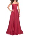 La Femme Satin A Line Prom Dress In Red In Burgundy