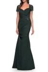 La Femme Satin Evening Dress With Lace And Scoop Neckline In Dark Emerald