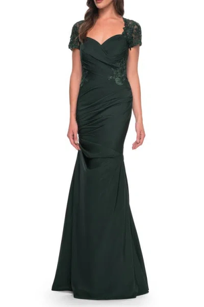 La Femme Satin Evening Dress With Lace And Scoop Neckline In Dark Emerald