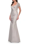 La Femme Satin Evening Dress With Lace And Scoop Neckline In Silver
