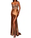 La Femme Satin Fitted Corset Style Prom Dress In Bronze In Brown