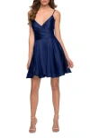 La Femme Satin Homecoming Dress With Cut Out Corset Style Back