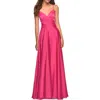 La Femme Satin Hot Pink Gown With Criss-cross Ruched Top In Hot Pink
