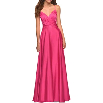 La Femme Satin Hot Pink Gown With Criss-cross Ruched Top