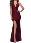 La Femme Satin Jersey Trumpet Gown Dress In Dark Berry In Red