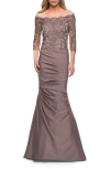 La Femme Off The Shoulder Lace Bodice Satin Mermaid Gown In Cocoa