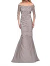 La Femme Satin Mermaid Gown With Off The Shoulder Lace Bodice In Silver In Gray