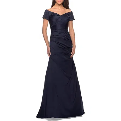 La Femme Satin Off The Shoulder Dress With Beaded Sleeves In Blue