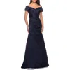La Femme Satin Off The Shoulder Dress With Beaded Sleeves