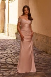 La Femme Satin Off The Shoulder Dress With Beaded Sleeves In Champagne