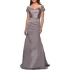 La Femme Satin Off The Shoulder Dress With Beaded Sleeves In Silver