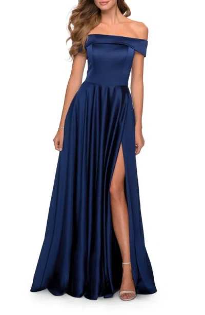 La Femme Satin Off The Shoulder Evening Dress With Pockets