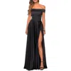 La Femme Satin Off The Shoulder Evening Dress With Pockets In Black