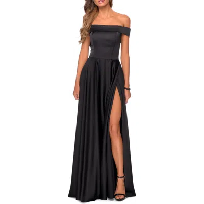 La Femme Satin Off The Shoulder Evening Dress With Pockets In Black