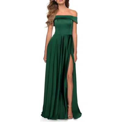 La Femme Satin Off The Shoulder Evening Dress With Pockets In Emerald