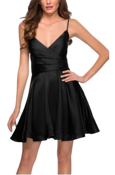 La Femme Satin V-neck A-line Cocktail Little Dress In Black
