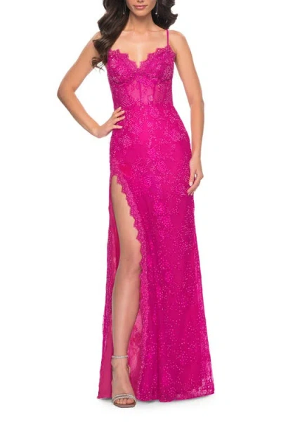 La Femme Scallop Detail Lace Fitted Prom Dress With Illusion Bodice In Pink