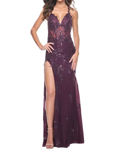 La Femme Sequin Beaded Floral Embellished Prom Dress In Dark Berry In Purple