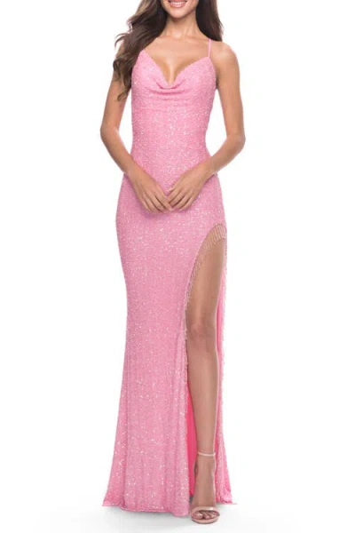 La Femme Sequin Dress With Stunning Fringe Beaded Slit