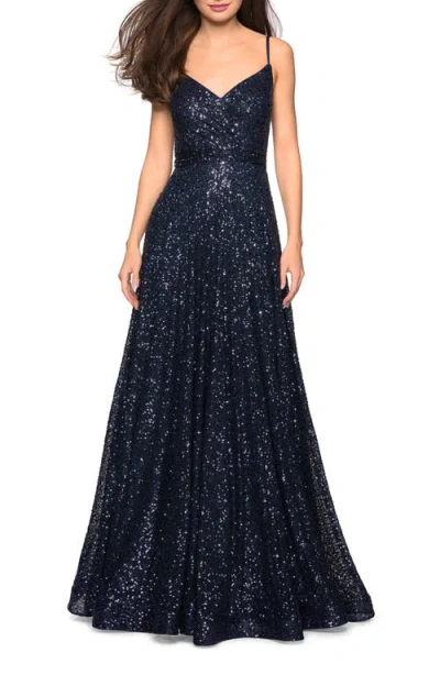 La Femme Sequin Empire Waist Prom Dress With V Back In Navy