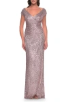 La Femme Sequin Evening Dress With Ruching And V Neckline In Mauve
