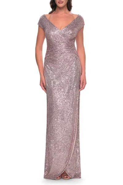 La Femme Sequin Evening Dress With Ruching And V Neckline In Mauve