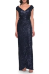 La Femme Sequin Evening Dress With Ruching And V Neckline In Blue