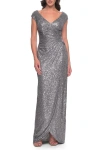 La Femme Sequin Evening Dress With Ruching And V Neckline In Silver