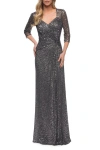 La Femme Ruched Sequin Column Gown In Gunmetal