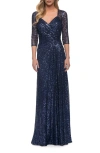 La Femme Sequin Evening Gown With Knot Detail On Front In Navy