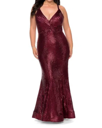 La Femme Sequin Fit And Flare Dress With Criss-cross Back In Wine In Burgundy