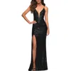 La Femme Sequin Gown With Deep V Neckline And Lace Up Back
