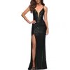 La Femme Sequin Gown With Deep V Neckline And Lace Up Back