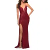 La Femme Sequin Gown With Deep V Neckline And Lace Up Back In Red