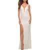 La Femme Sequin Gown With Deep V Neckline And Lace Up Back In White