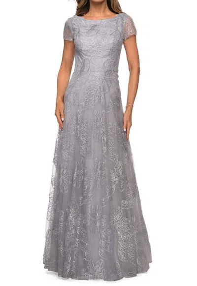 La Femme Sequin Lace A-line Gown In Silver